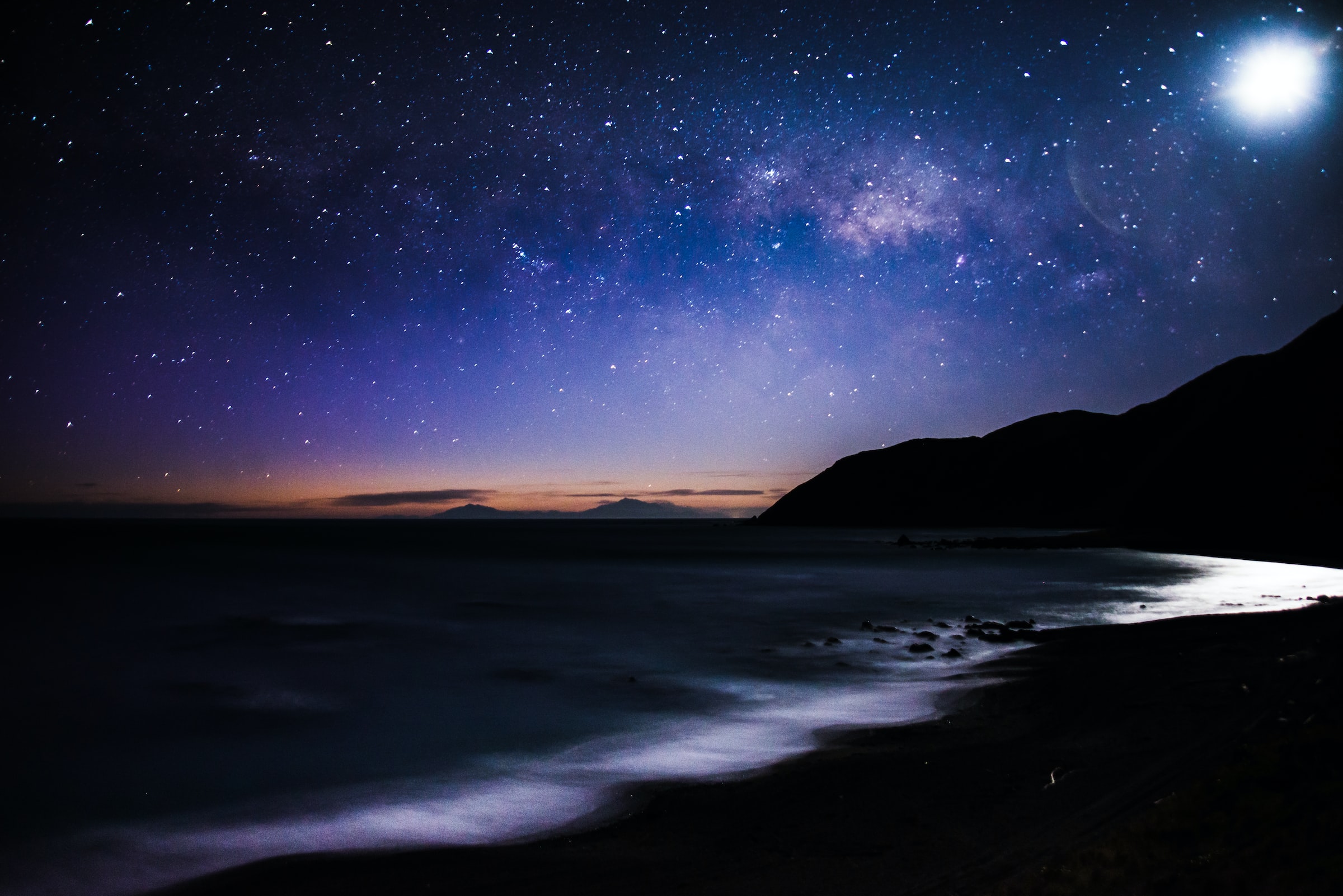 a star filled sky above a ocean coast