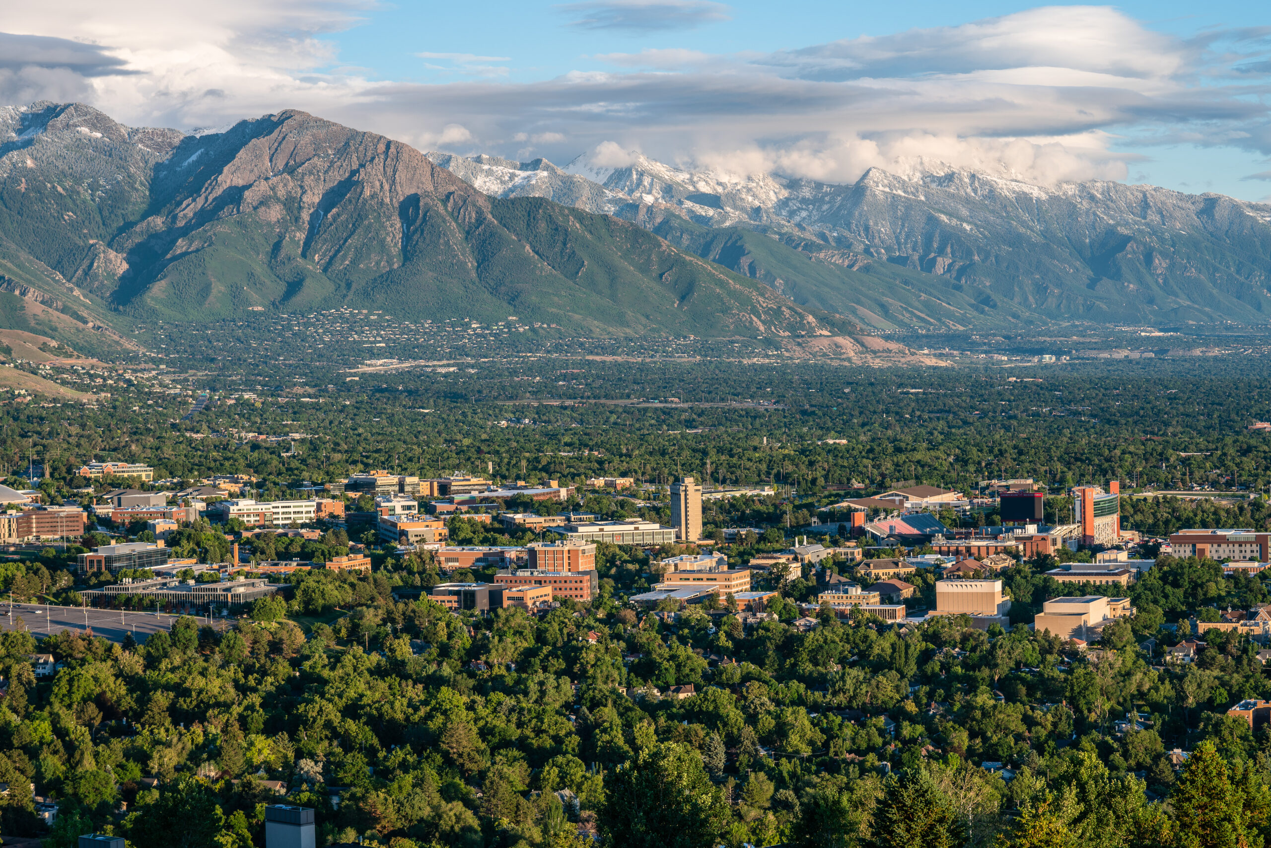 an aerial view of the University of Utah campus and surrounding area
